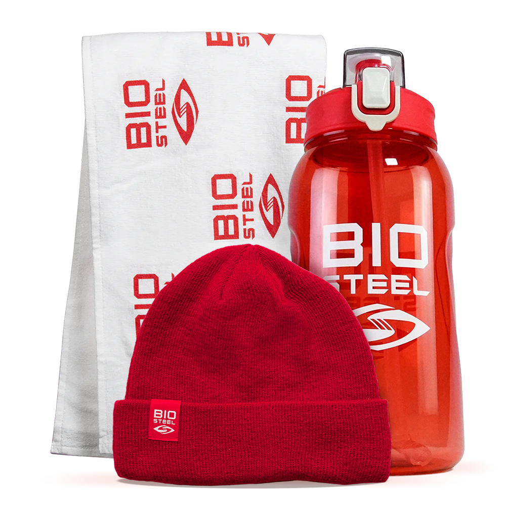 BioSteel Towel + Half Gallon Straw Water Bottle + Winter Hat Bundle