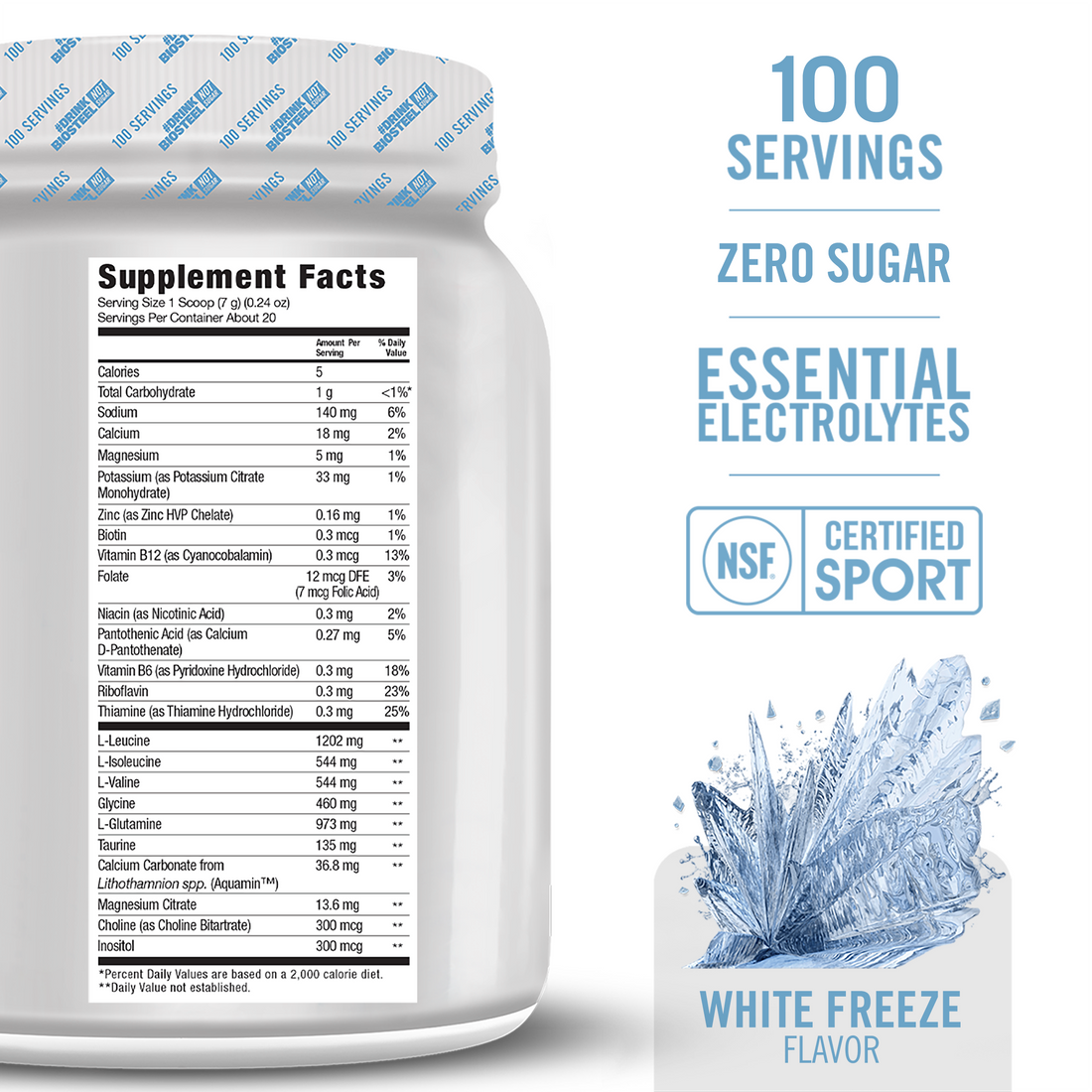 BioSteel Sports Nutrition Hydration Mix, White Freeze, 100 Servings